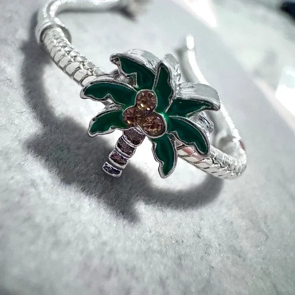 Silver Tone Palm Tree Charm Bracelet Enamel Green Coconuts Rhinestones Women - Picture 3 of 9